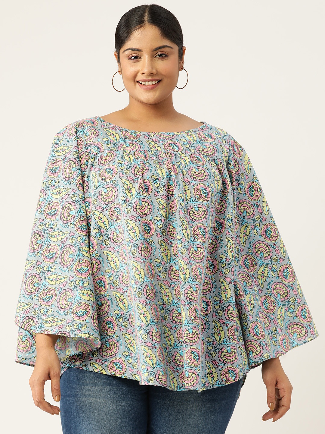

theRebelinme Plus Size Floral Print Longline Cotton Top, Grey