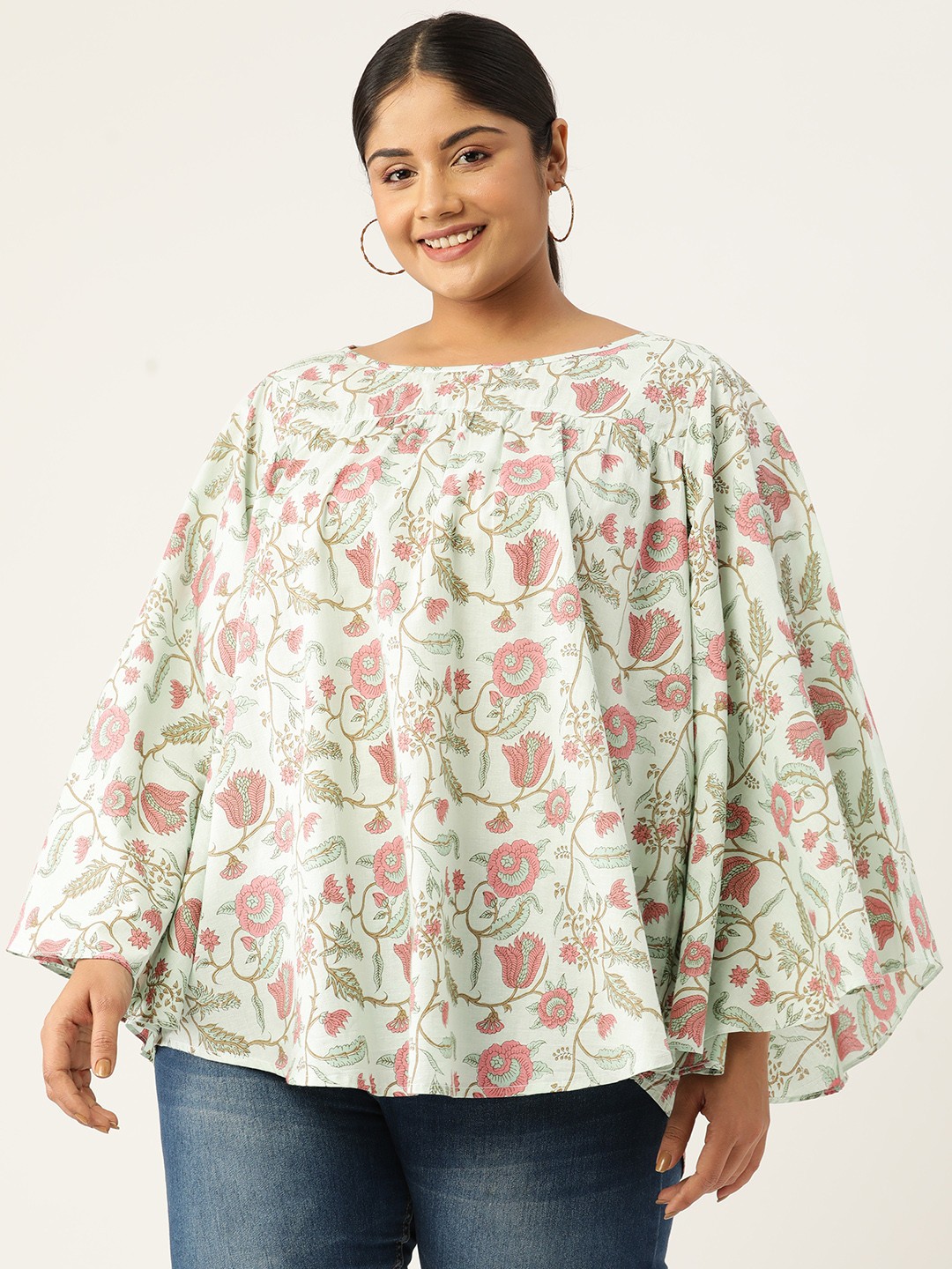 

theRebelinme Plus Size Floral Print Longline Cotton Top, Sea green