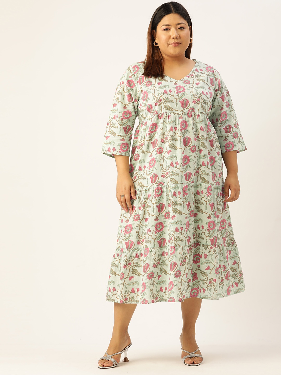 

theRebelinme Plus Size Floral A-Line Midi Dress, Sea green