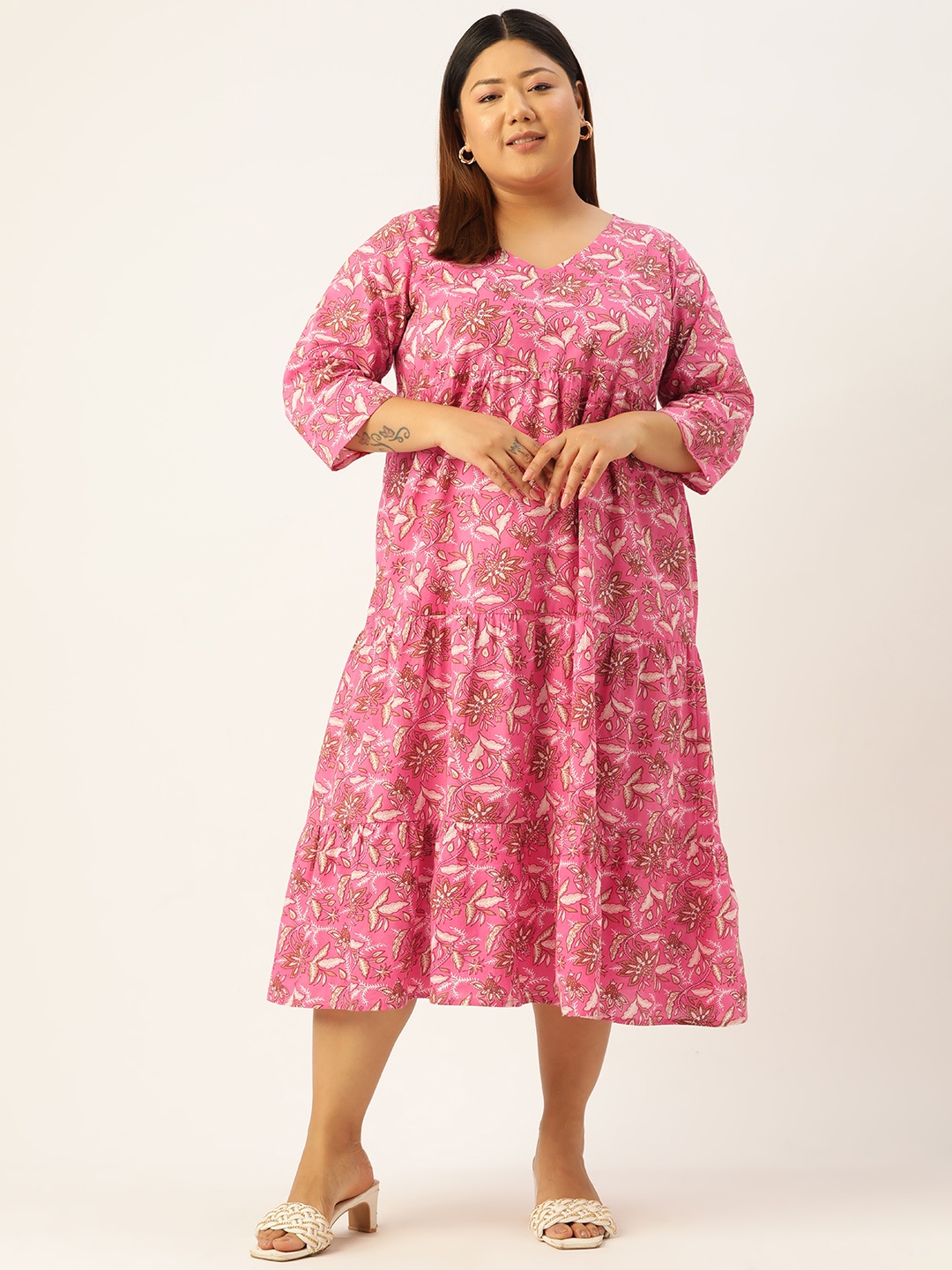 

theRebelinme Plus Size Floral A-Line Cotton Midi Dress, Fuchsia