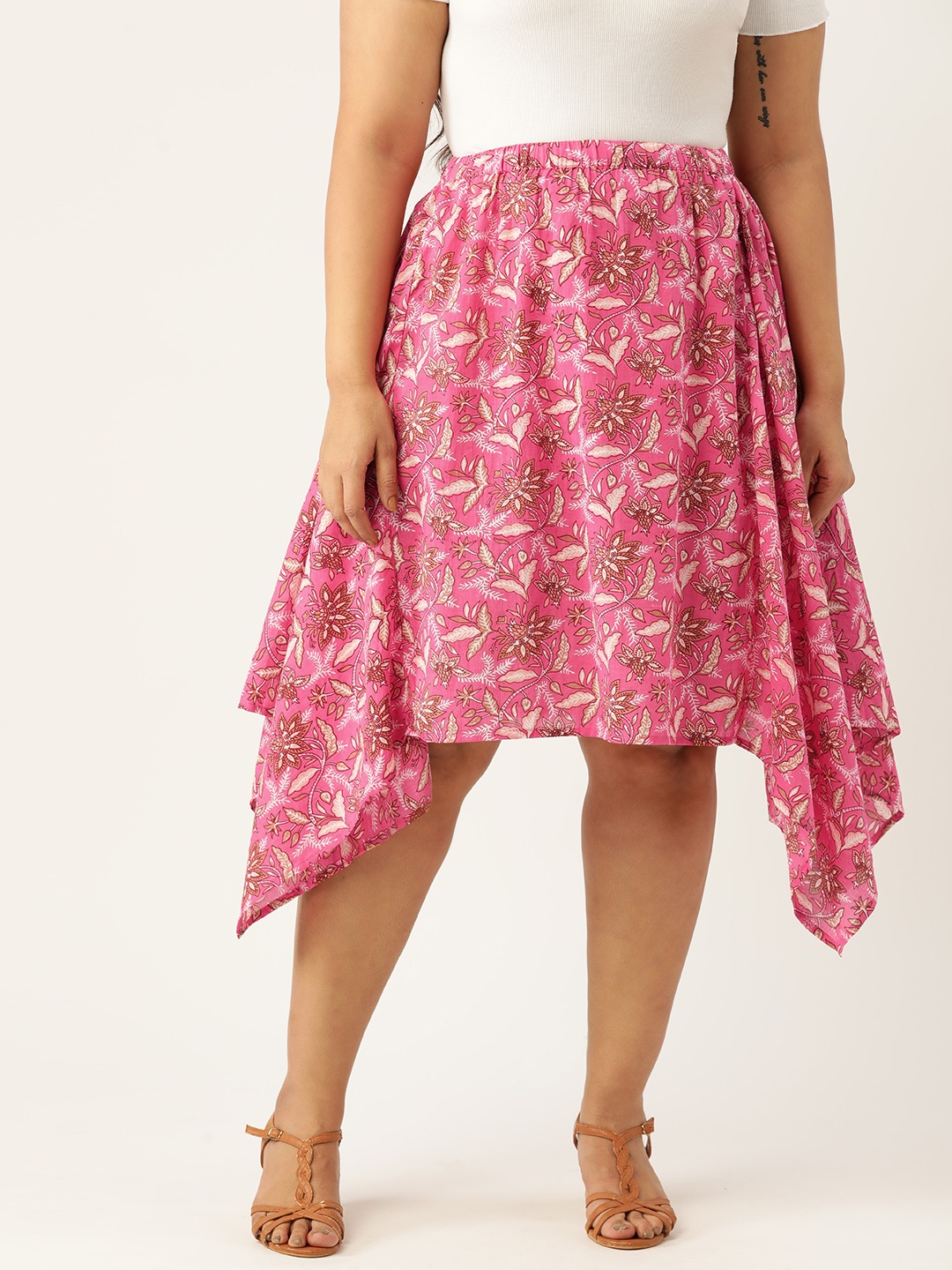 

theRebelinme Plus Size Pure Cotton Floral Asymmetric Skirt, Fuchsia