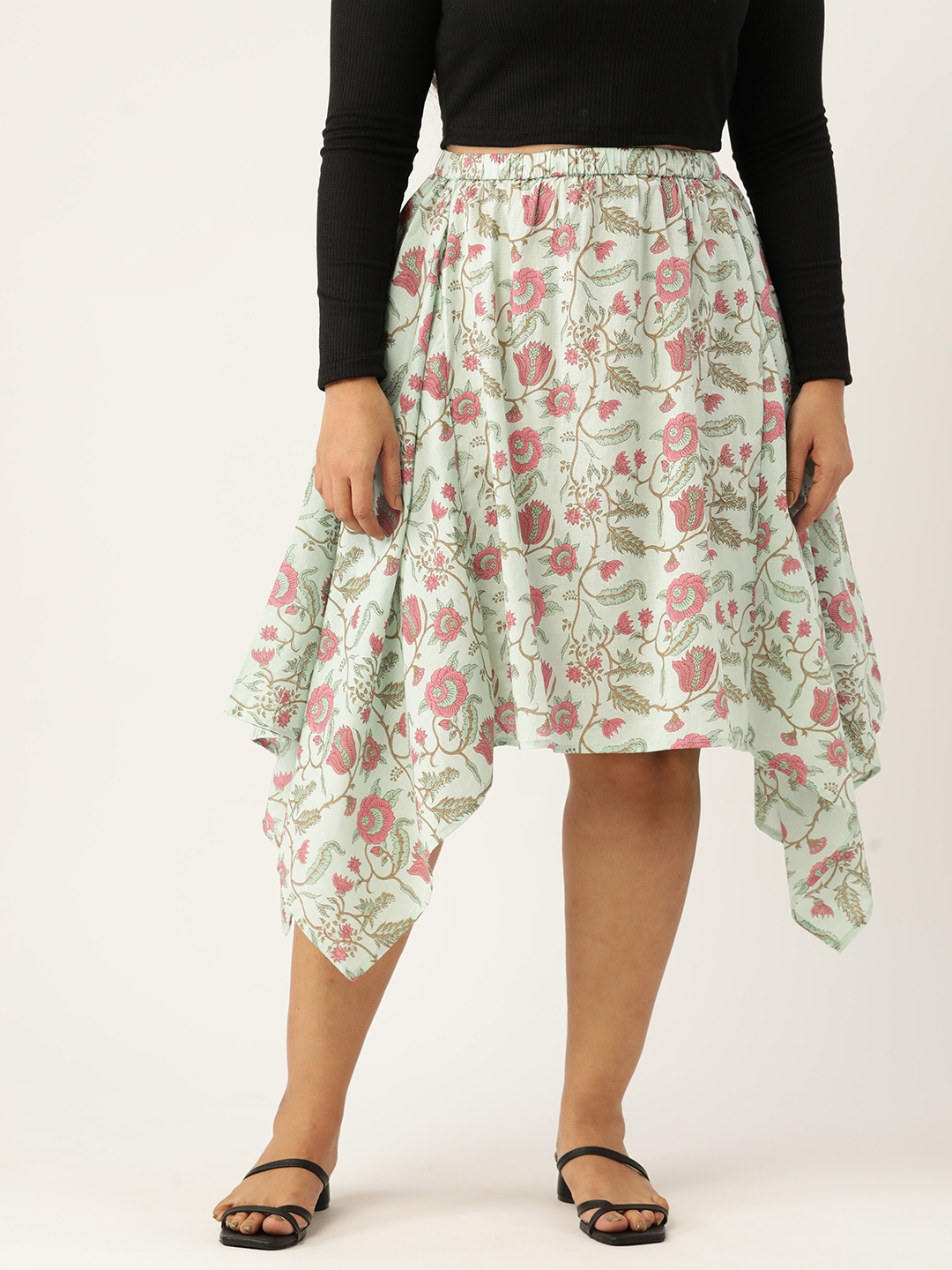 

theRebelinme Plus Size Pure Cotton Floral Asymmetric Skirt, Green