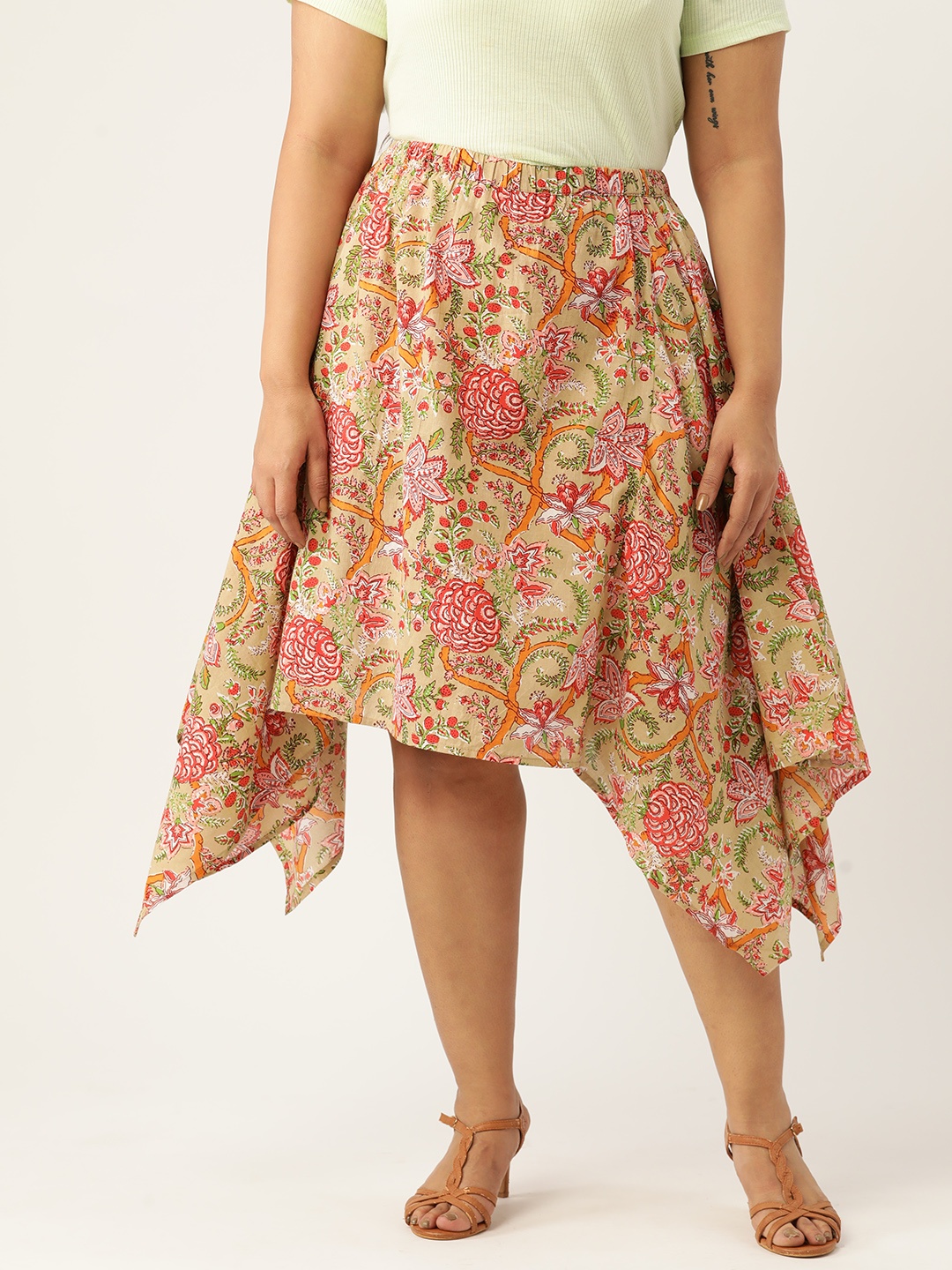 

theRebelinme Printed Plus Size A-line Cotton Midi Skirt, Beige