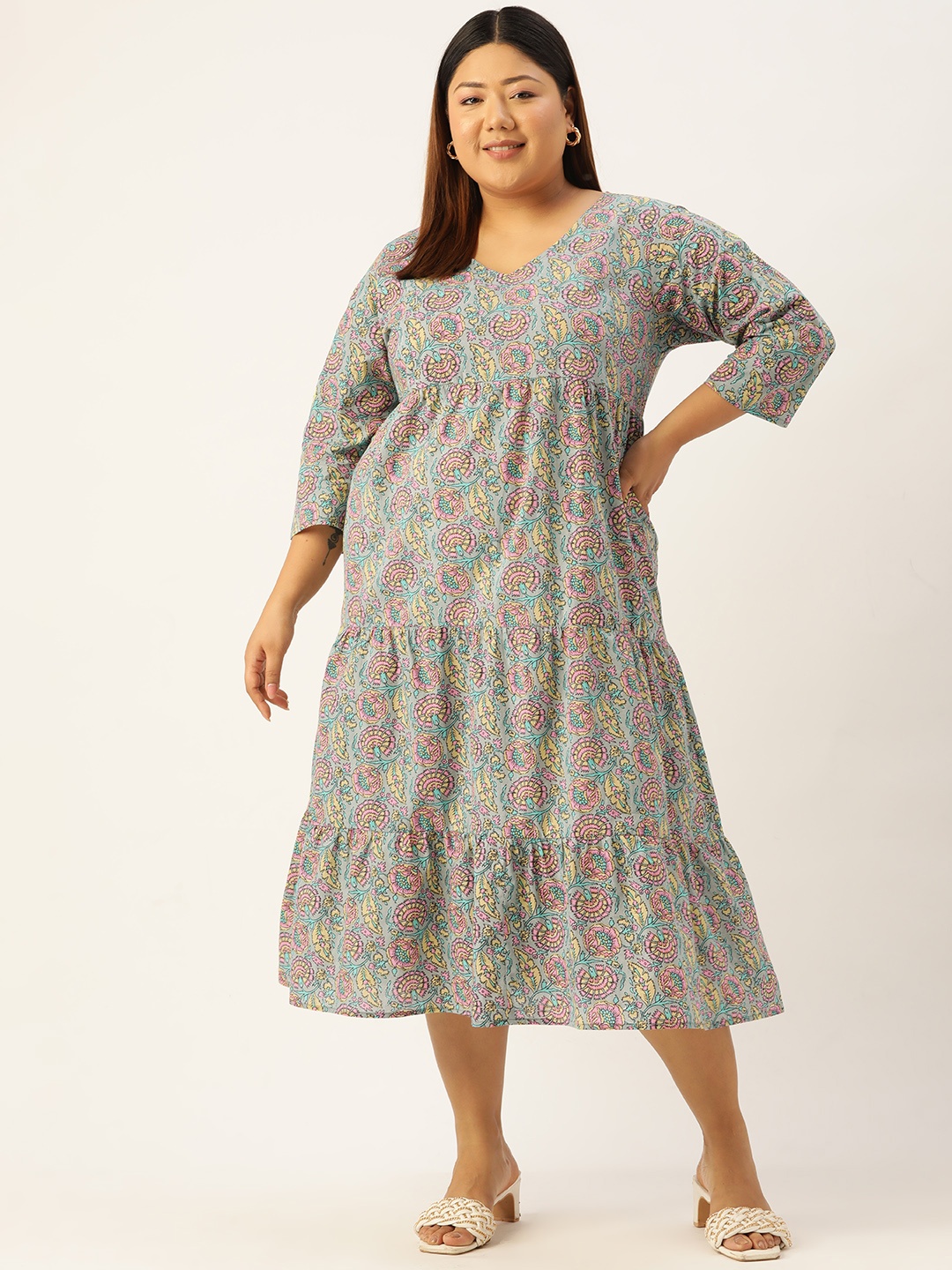 

theRebelinme Plus Size Floral A-Line Cotton Midi Dress, Grey