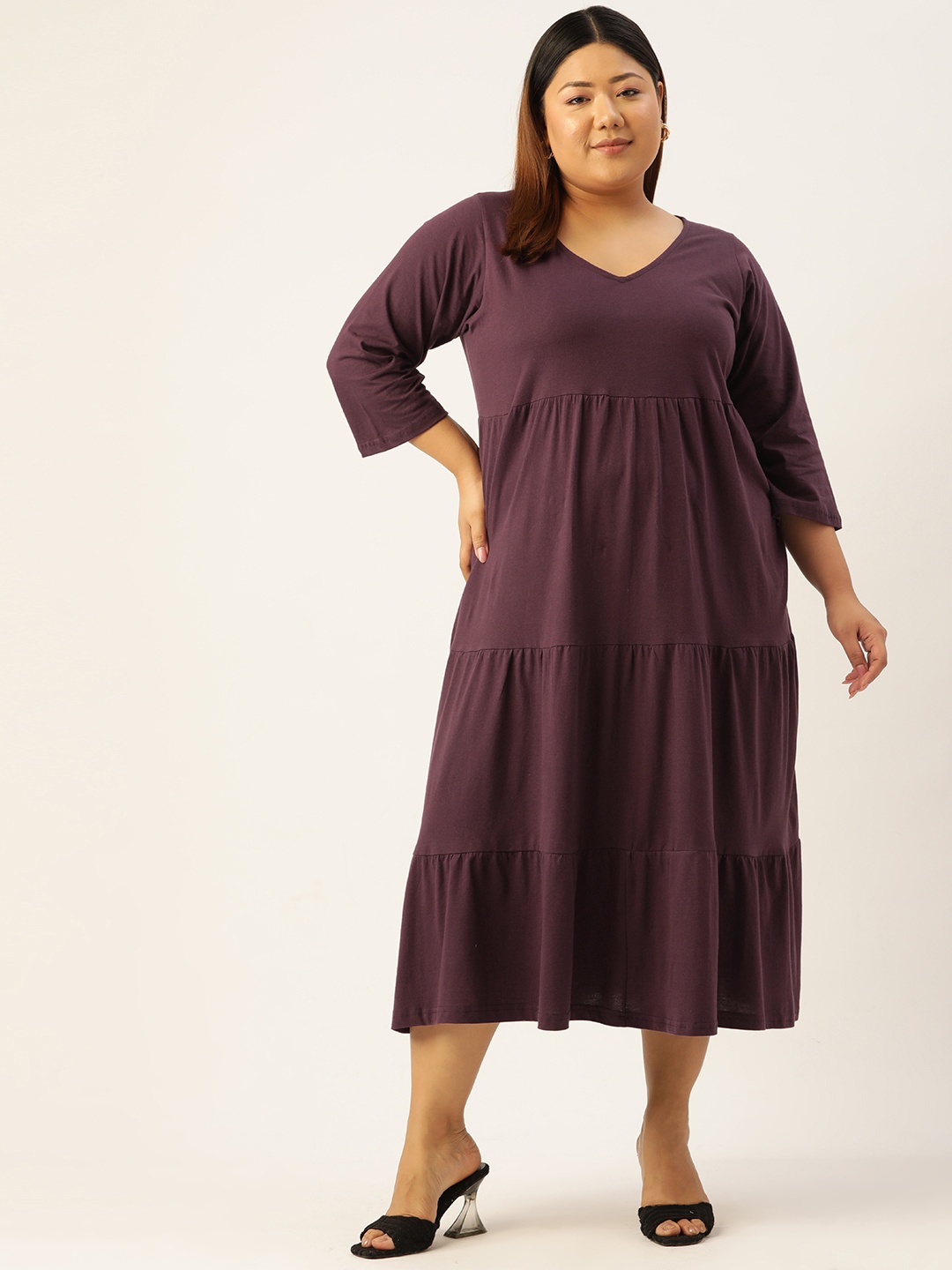 

theRebelinme Plus Size Layered Cotton A-Line Midi Dress, Maroon