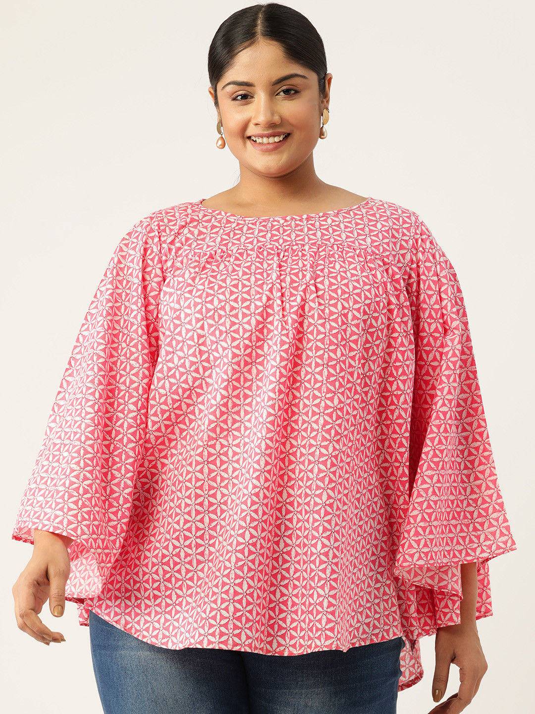 

theRebelinme Plus Size Floral Print Cotton Longline Top, Pink