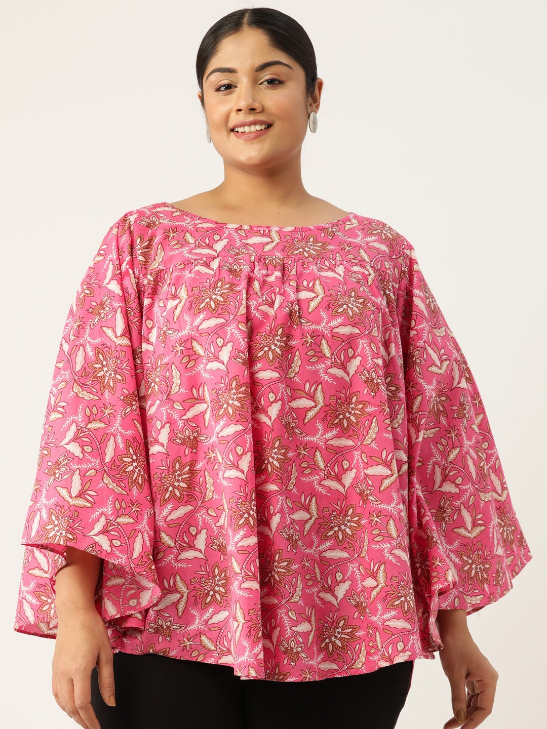 

theRebelinme Plus Size Floral Print Cotton Top, Fuchsia