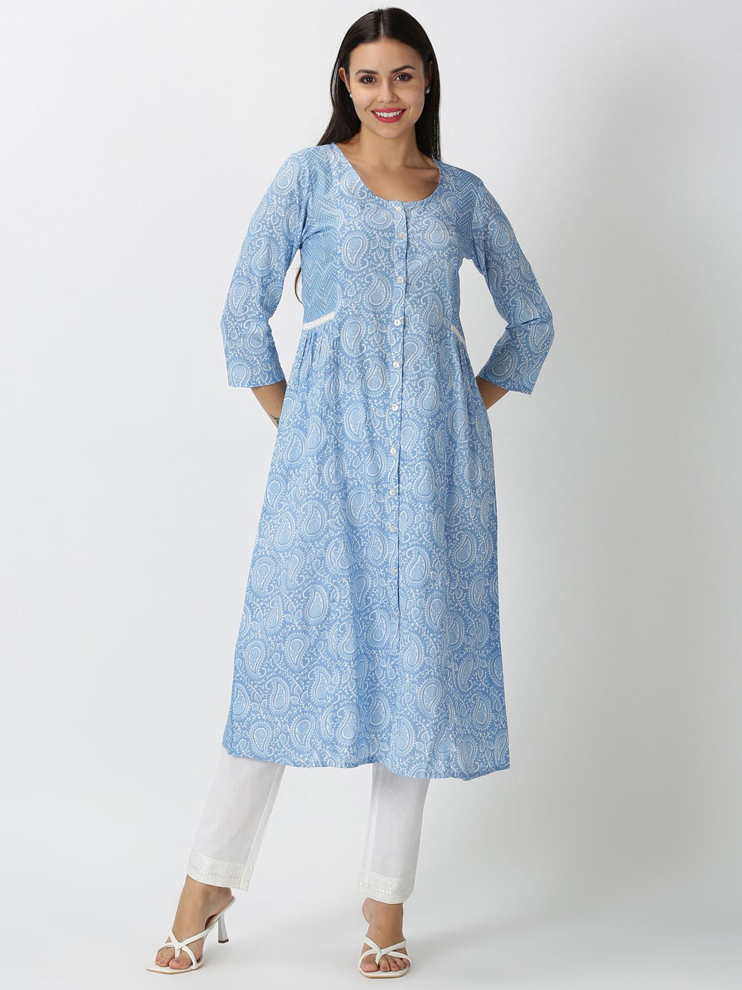 

Saffron Threads Women Paisley Printed Panelled A-line Cotton Kurta, Blue