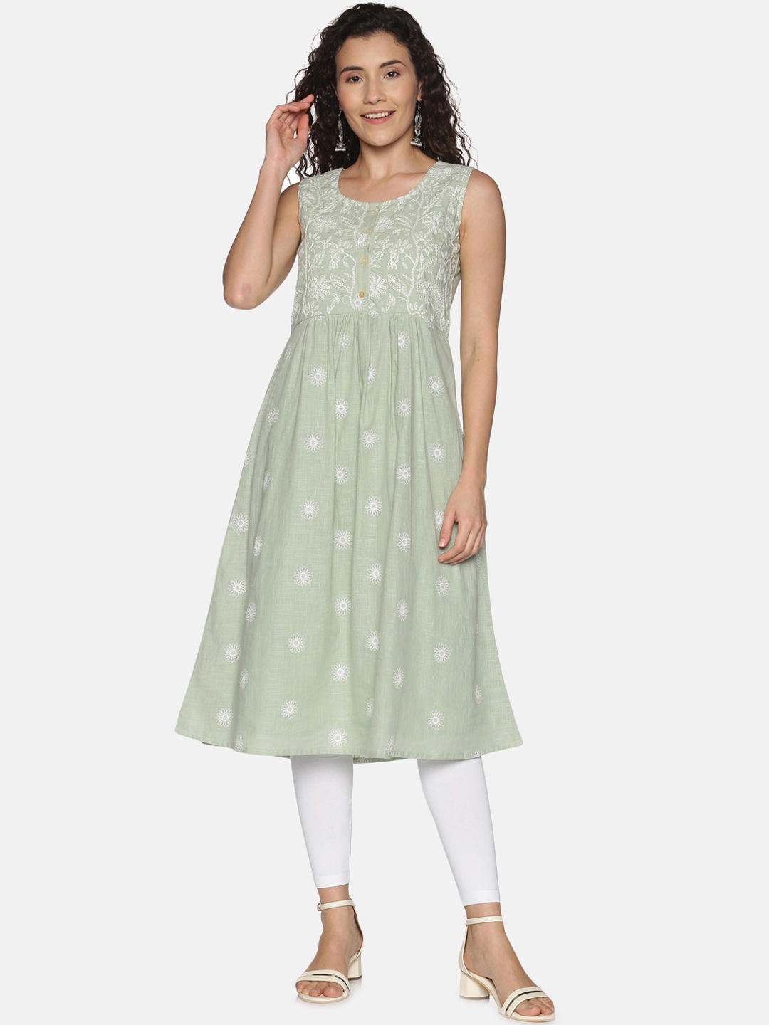

Saffron Threads Women Floral Chikankari Embroidered Pure Cotton Empire Kurta, Green