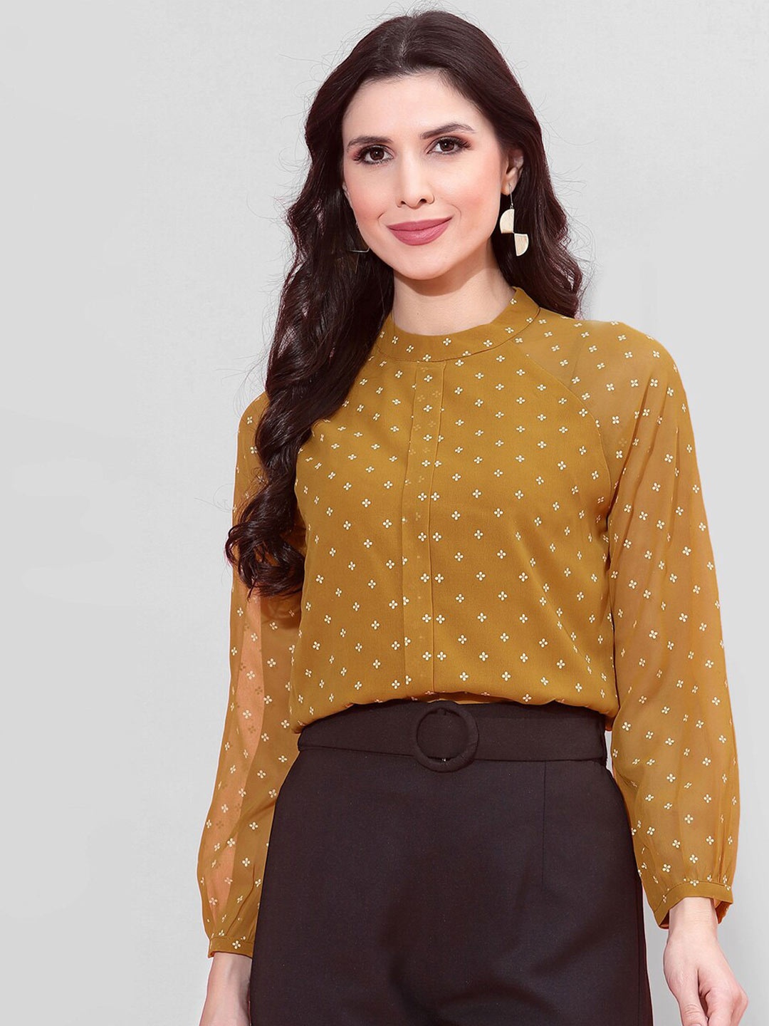 

Selvia Ethnic Motifs Printed Georgette Top, Mustard