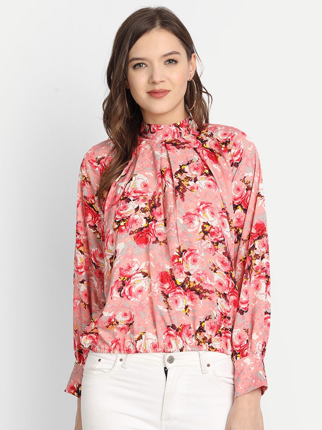 

ISAM Floral Print High Neck Gathered Regular Top, Pink