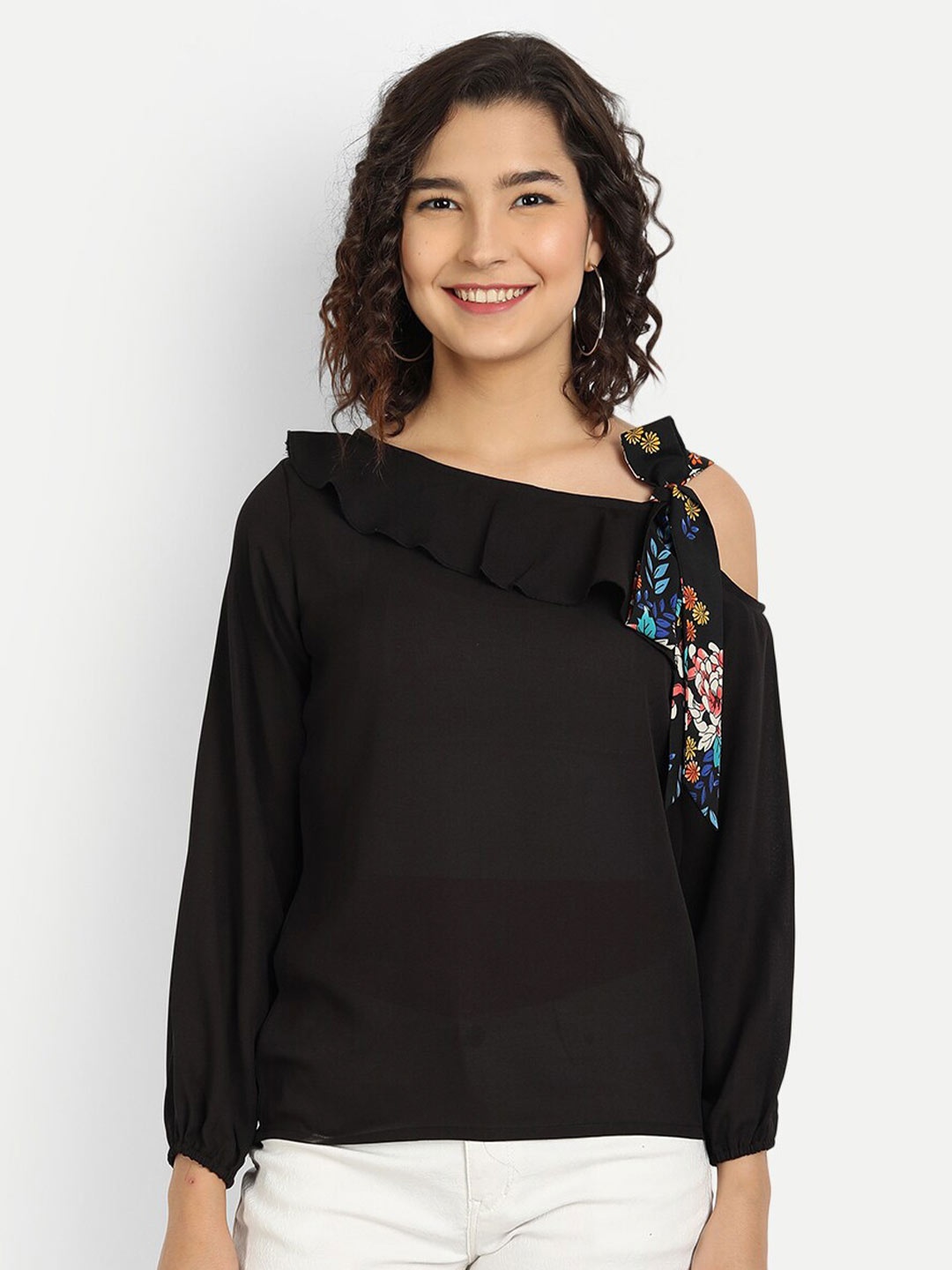 

ISAM Cold Shoulder Ruffles Top, Black