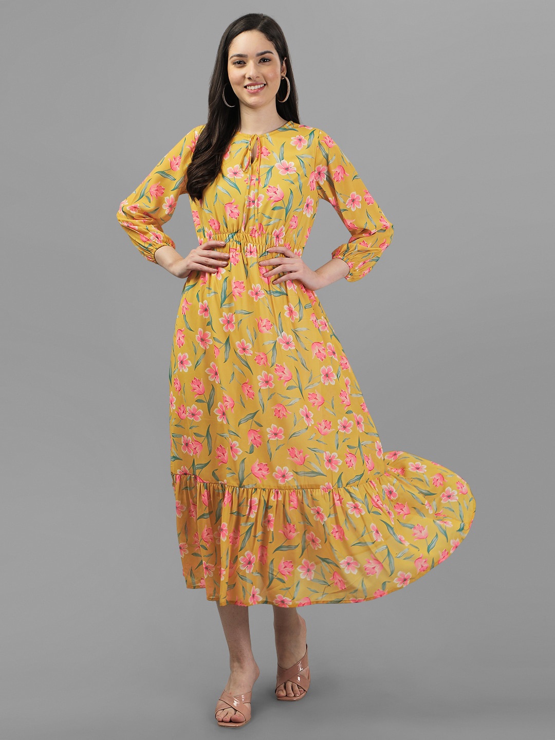 

Masakali.Co Floral Tie-Up Neck Puff Sleeves Georgette A-Line Midi Dress, Yellow