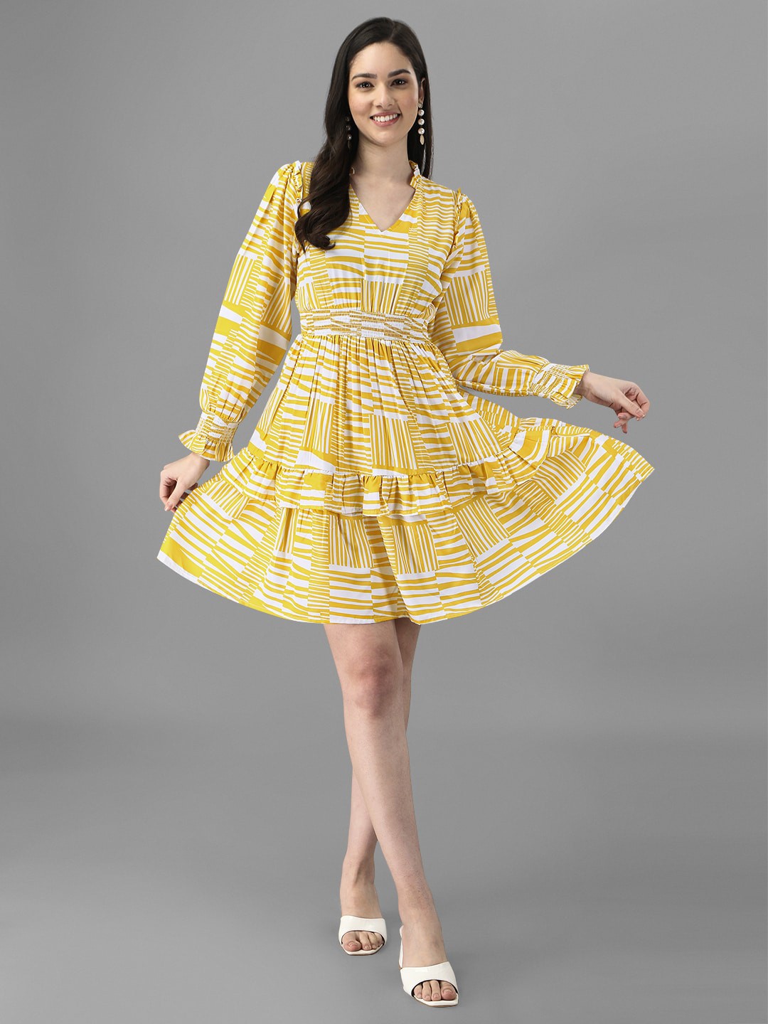 

Masakali.Co Striped Printed Puff Sleeves Georgette Fit And Flare Dress, Yellow