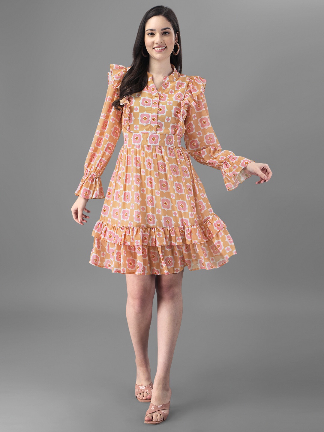 

Masakali.Co Abstract Printed Ruffled Georgette Flounce A-Line Dress, Peach
