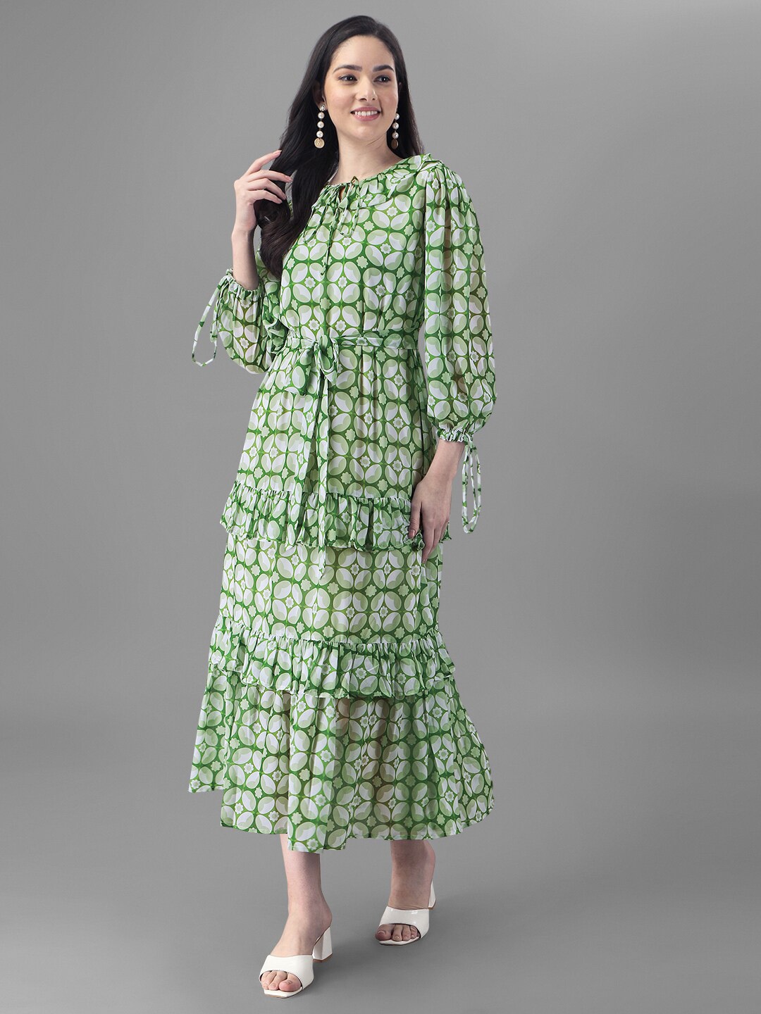

Masakali.Co Abstract Printed Ruffled Tie-Up Neck Georgette Tiered A-Line Midi Dress, Green