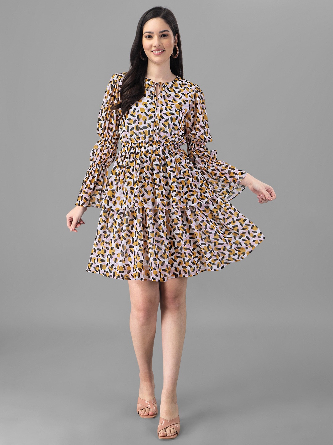 

Masakali.Co Abstract Printed Tie-Up Neck Puff Sleeves Layered Georgette Fit & Flare Dress, White