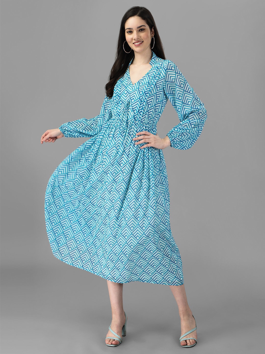 

Masakali.Co Geometric Printed Tie-Up Detail Midi Fit & Flare Dress, Turquoise blue