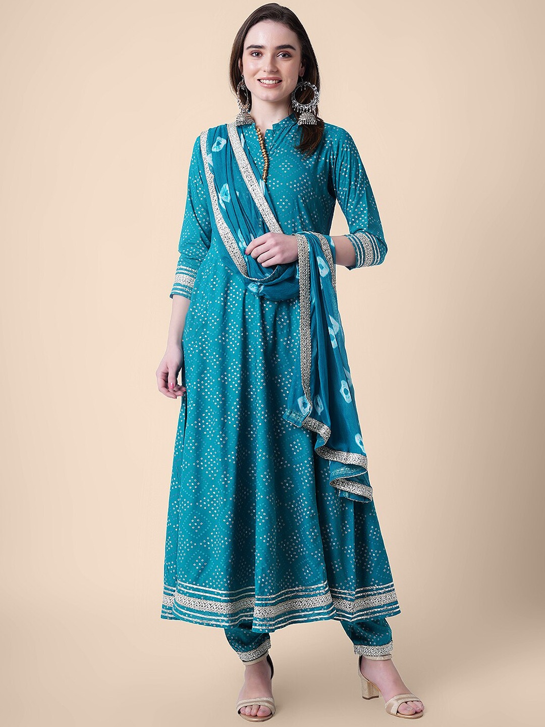 

Mollar Women Bandhani Printed Empire Kurta With Trousers & Dupatta, Turquoise blue