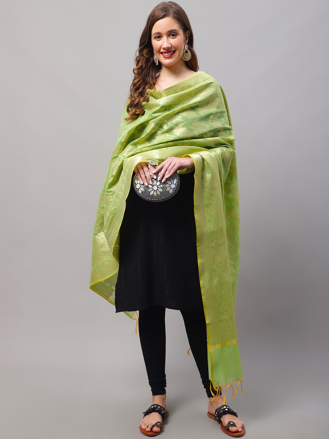 

LOOM LEGACY Floral Woven Design Zari Tasseled Dupatta, Green