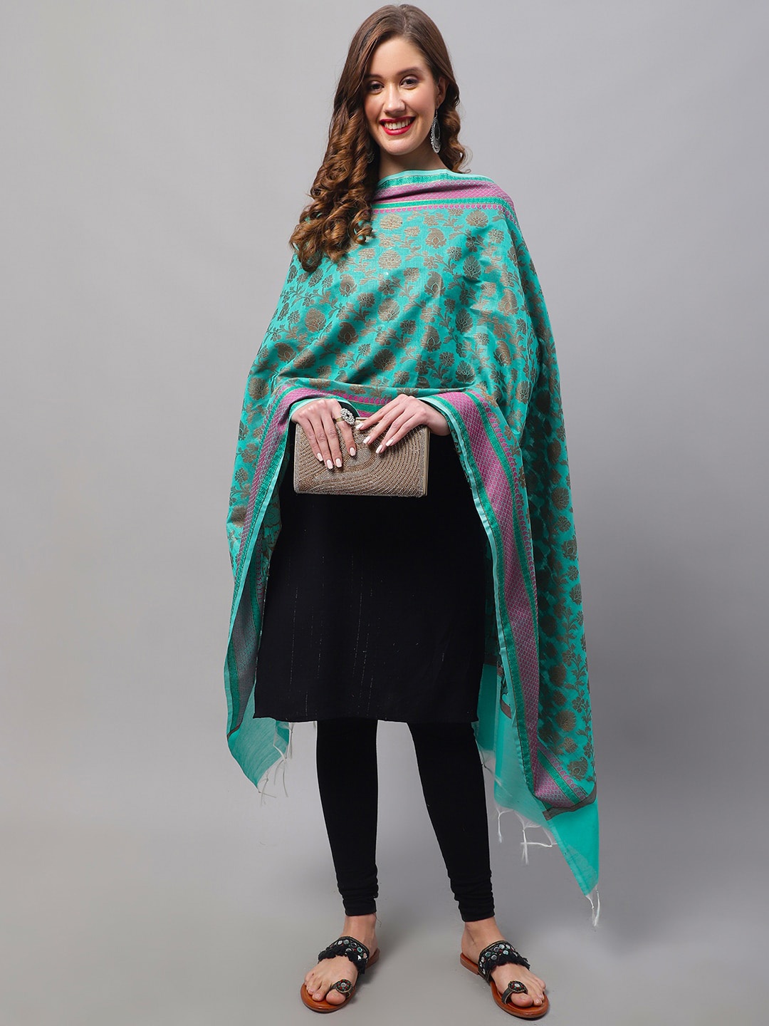 

LOOM LEGACY Floral Woven Design Zari Tasseled Dupatta, Green