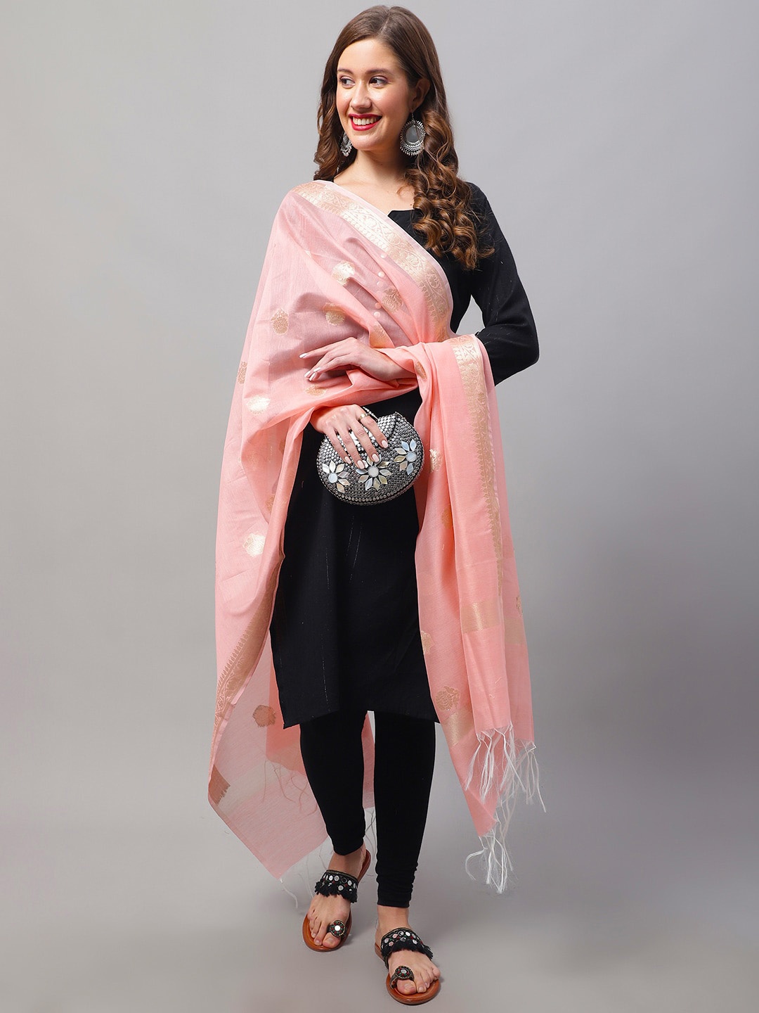 

LOOM LEGACY Ethnic Motifs Woven Design Zari Tasseled Dupatta, Pink