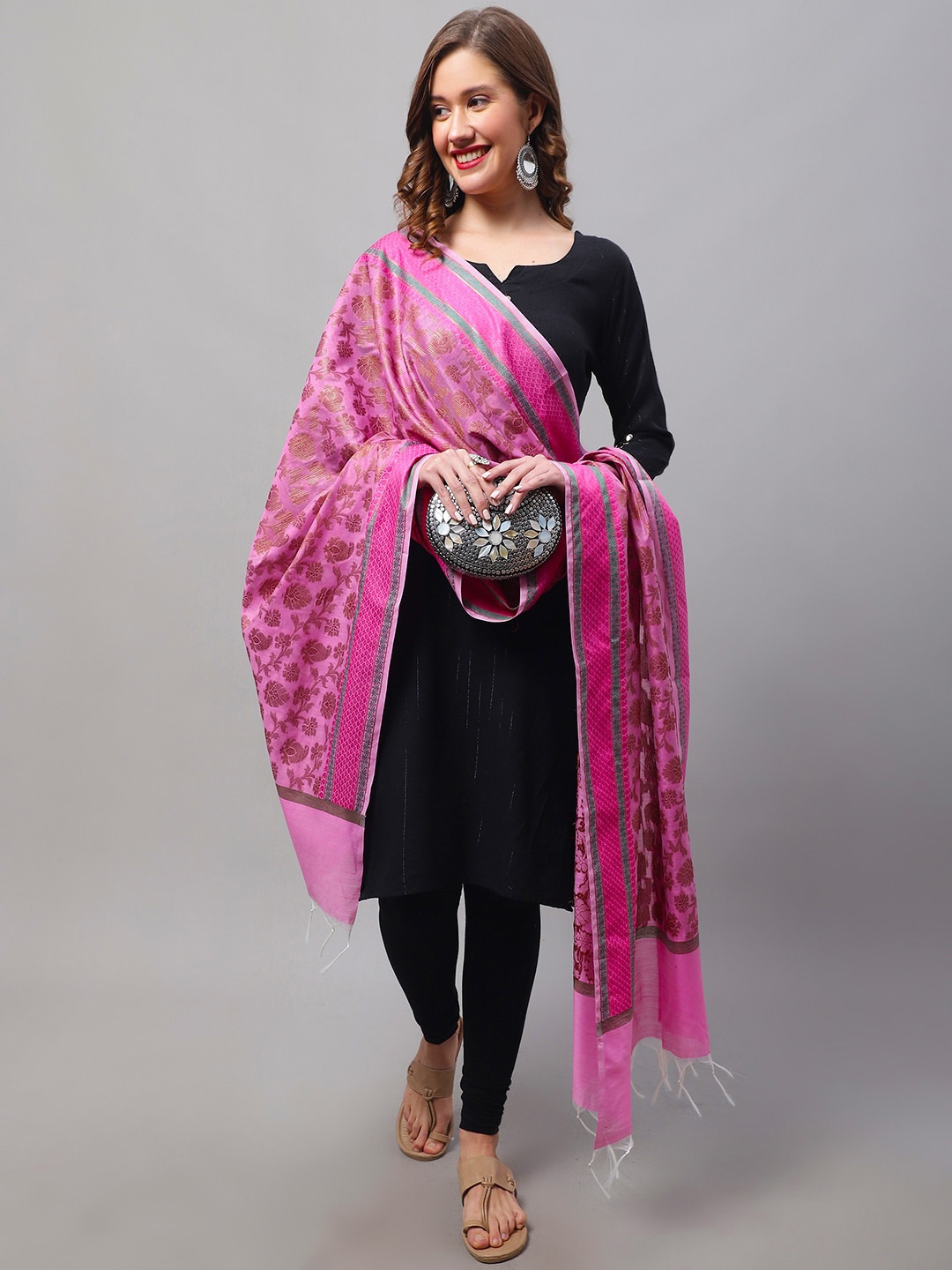 

LOOM LEGACY Woven Design Zari Tasseled Dupatta, Pink