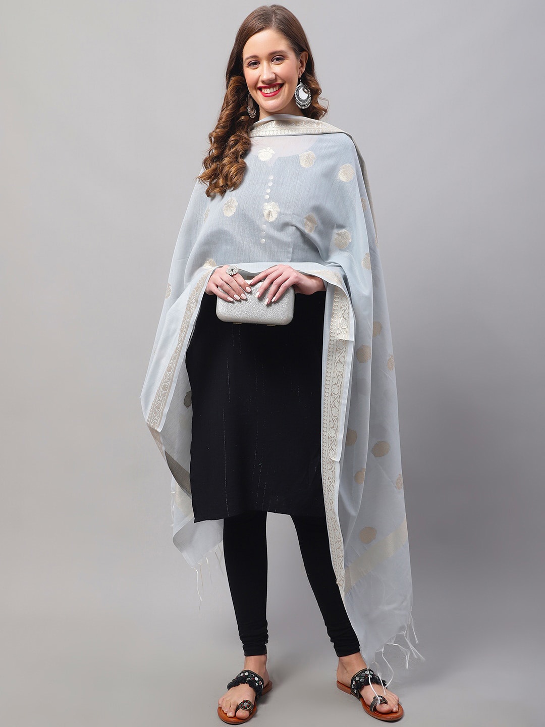 

LOOM LEGACY Ethnic Motifs Woven Design Zari Tasseled Dupatta, Grey