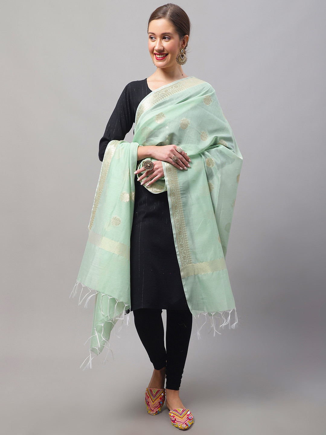 

LOOM LEGACY Ethnic Motifs Woven Design Zari Tasseled Dupatta, Green