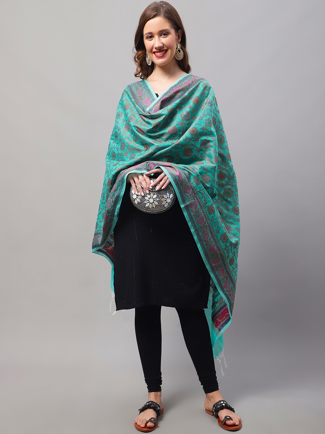 

LOOM LEGACY Floral Woven Design Zari Tasseled Dupatta, Green