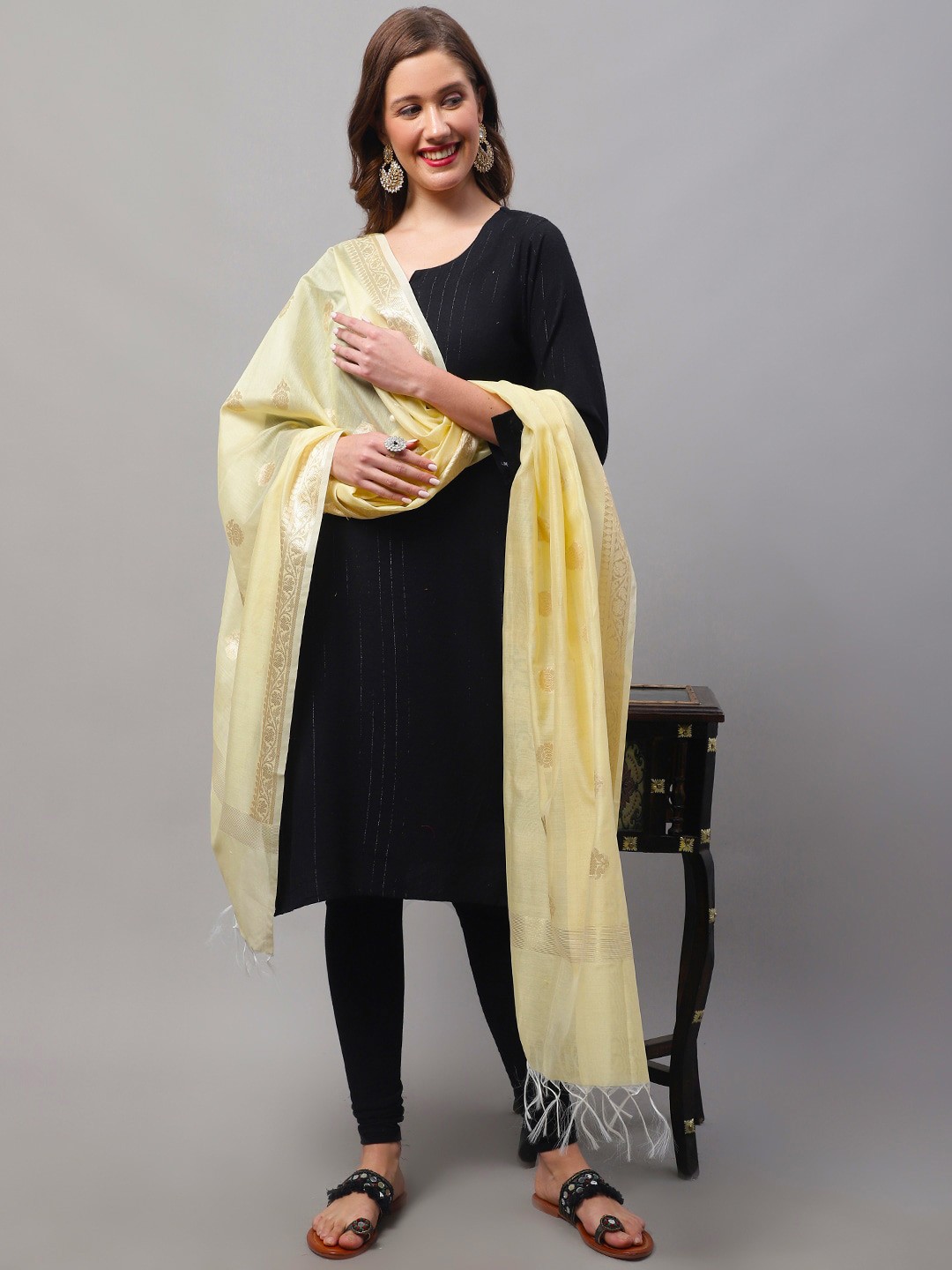 

LOOM LEGACY Woven Design Zari Tasseled Dupatta, Yellow
