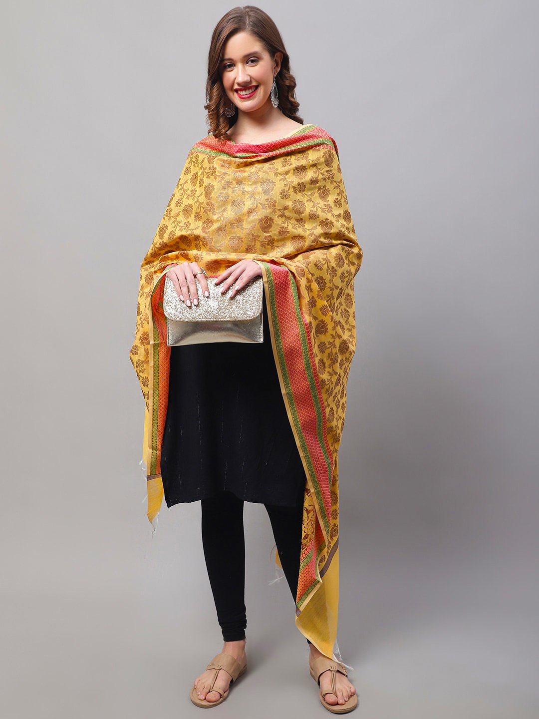 

LOOM LEGACY Woven Design Cotton Silk Dupatta with Zari, Yellow