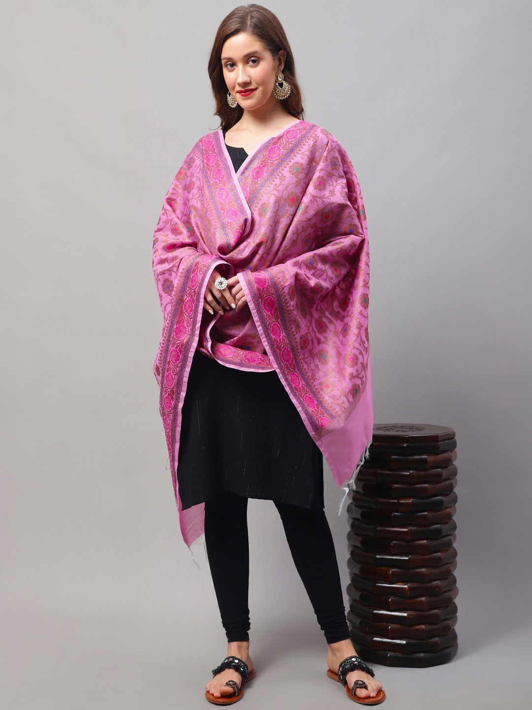 

LOOM LEGACY Woven Design Cotton Silk Dupatta with Zari, Pink
