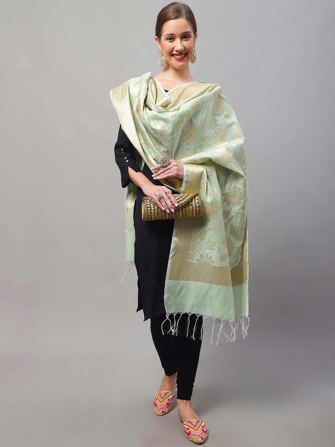 

LOOM LEGACY Woven Design Cotton Silk Dupatta with Zari, Green