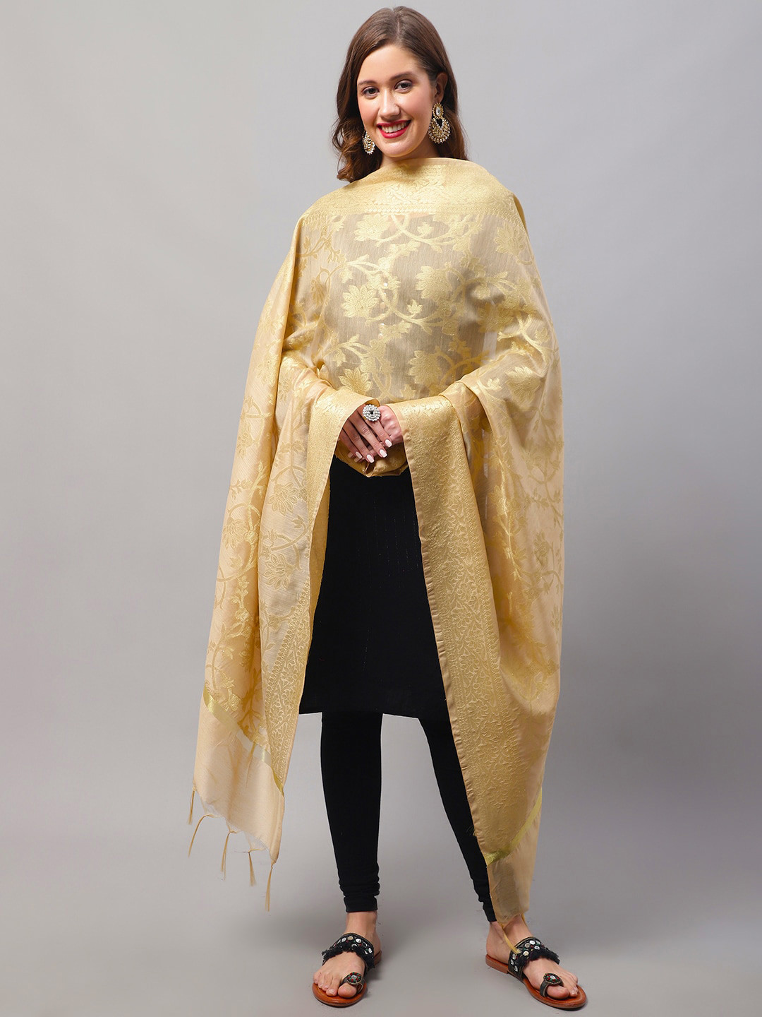 

LOOM LEGACY Woven Design Cotton Silk Dupatta with Zari, Gold