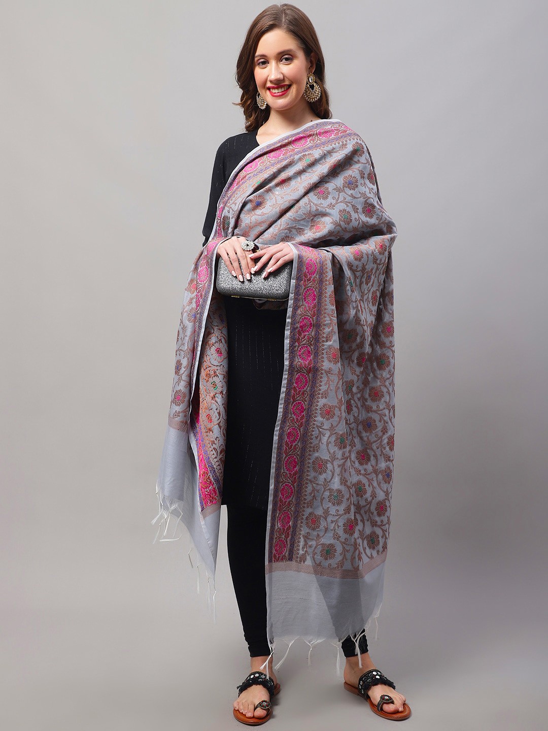 

LOOM LEGACY Woven Design Cotton Silk Dupatta with Zari, Grey