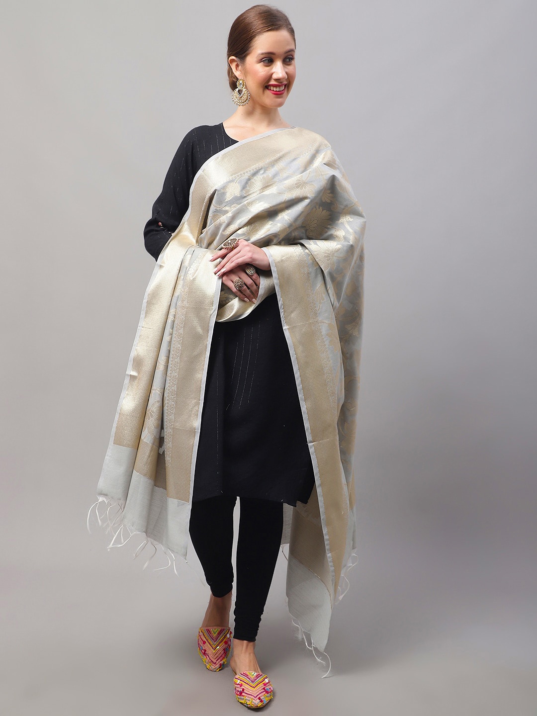 

LOOM LEGACY Floral Woven Design Cotton Silk Dupatta with Zari, Grey