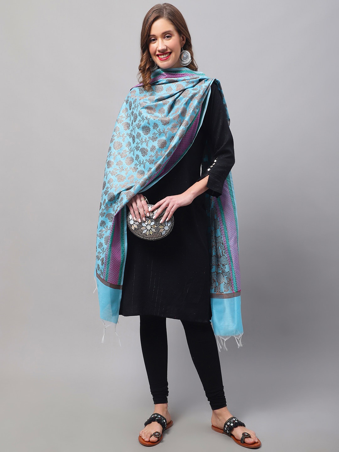 

LOOM LEGACY Paisley Woven Design Cotton Silk Dupatta with Zari, Turquoise blue