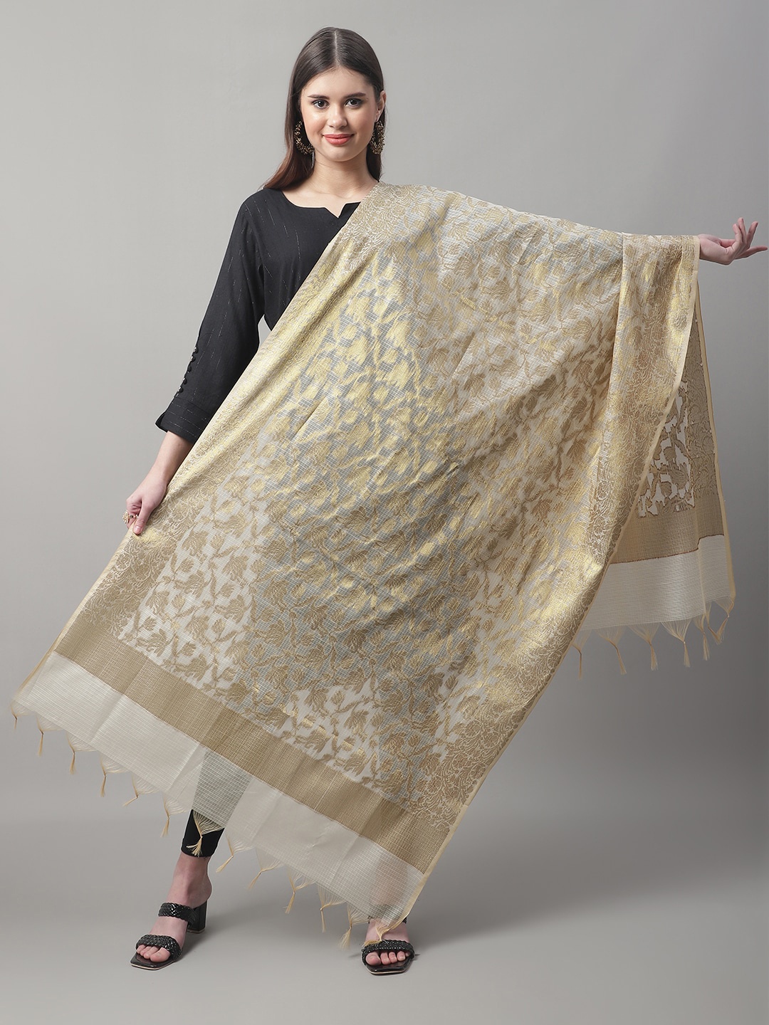 

LOOM LEGACY Woven Design Cotton Silk Dupatta with Zari, Gold