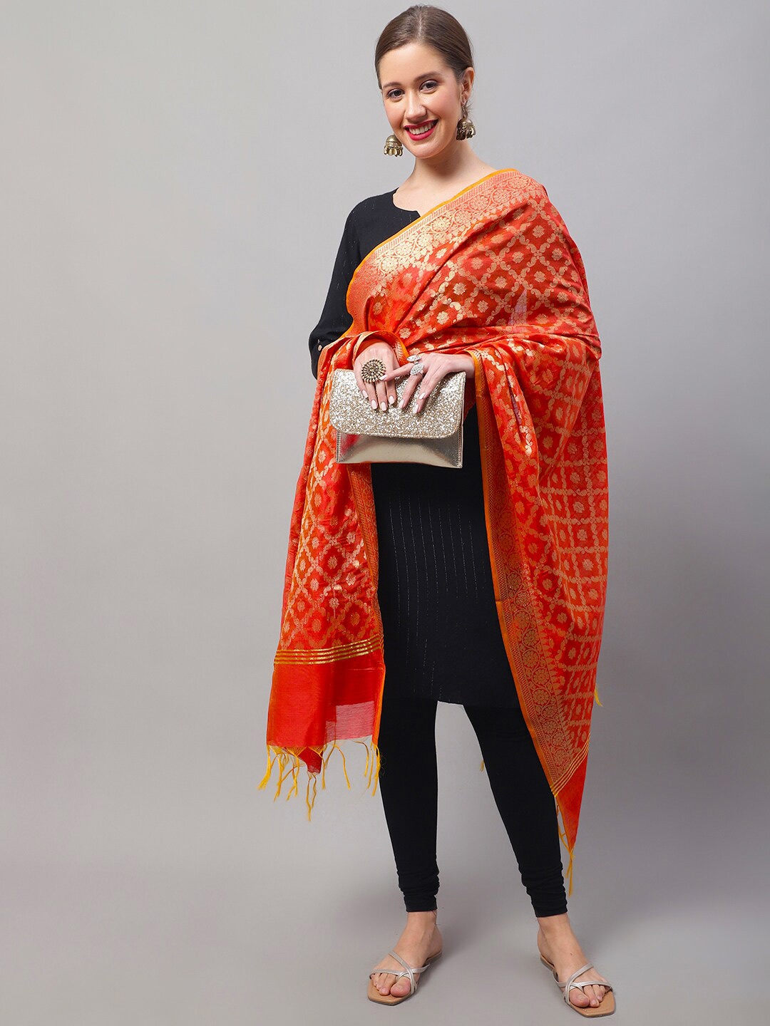

LOOM LEGACY Woven Design Cotton Silk Dupatta with Zari, Red
