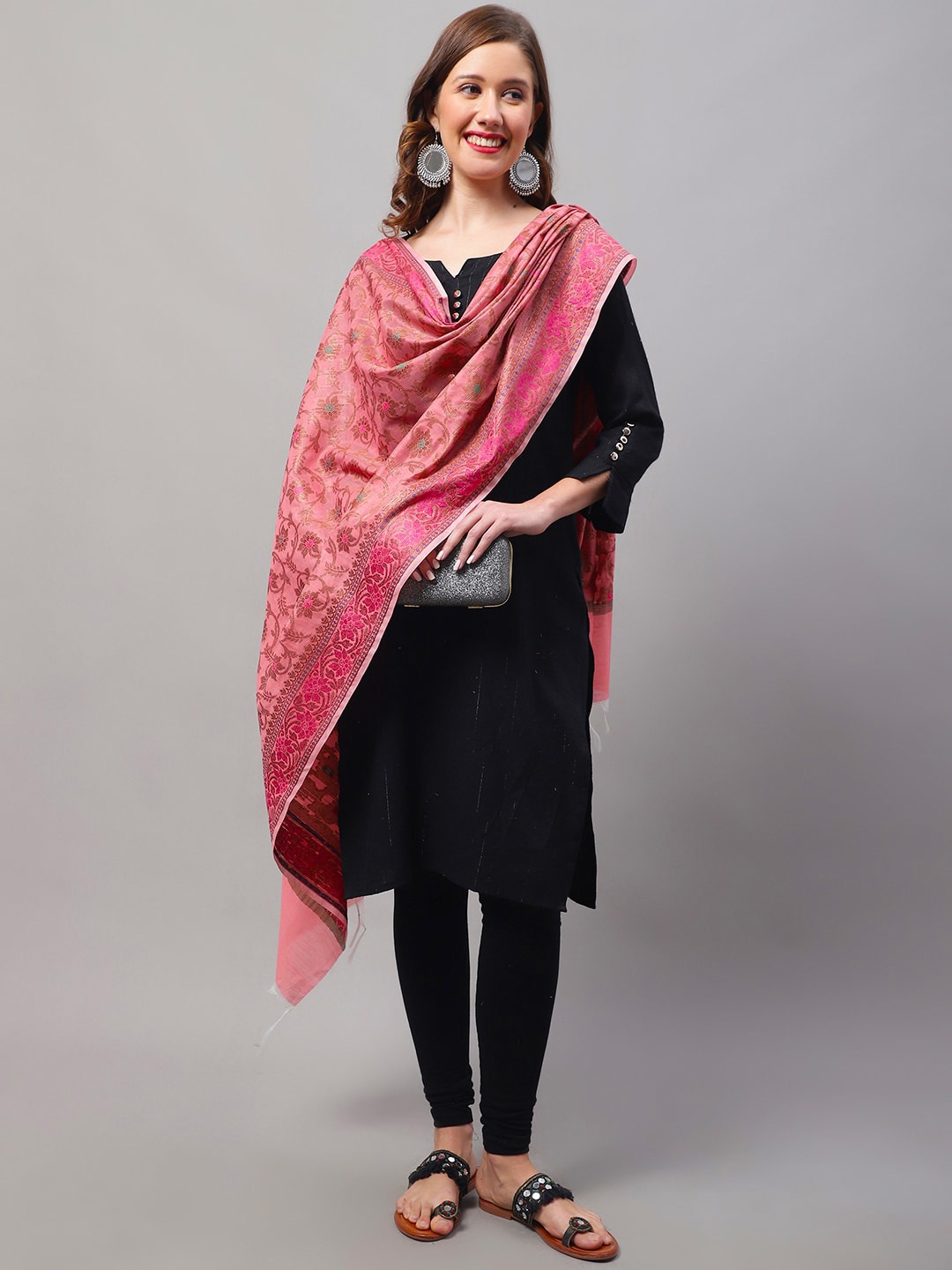 

LOOM LEGACY Woven Design Cotton Silk Jacquard Dupatta with Zari, Orange