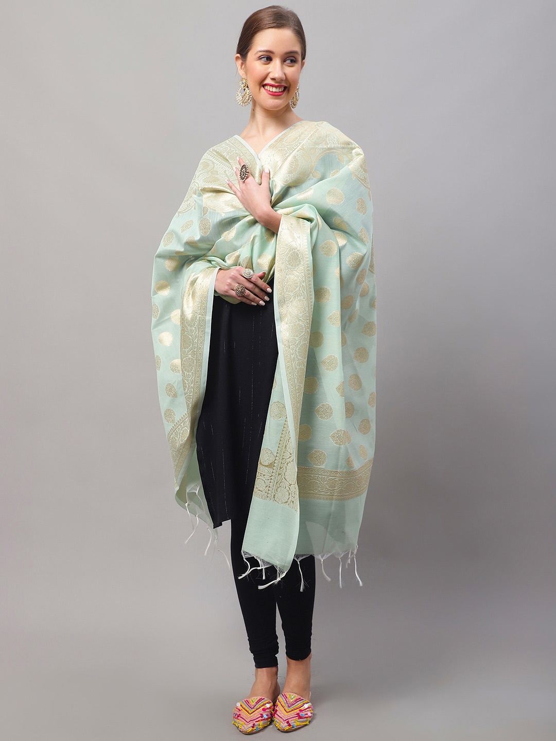 

LOOM LEGACY Woven Design Zari Work Cotton Silk Dupatta, Green