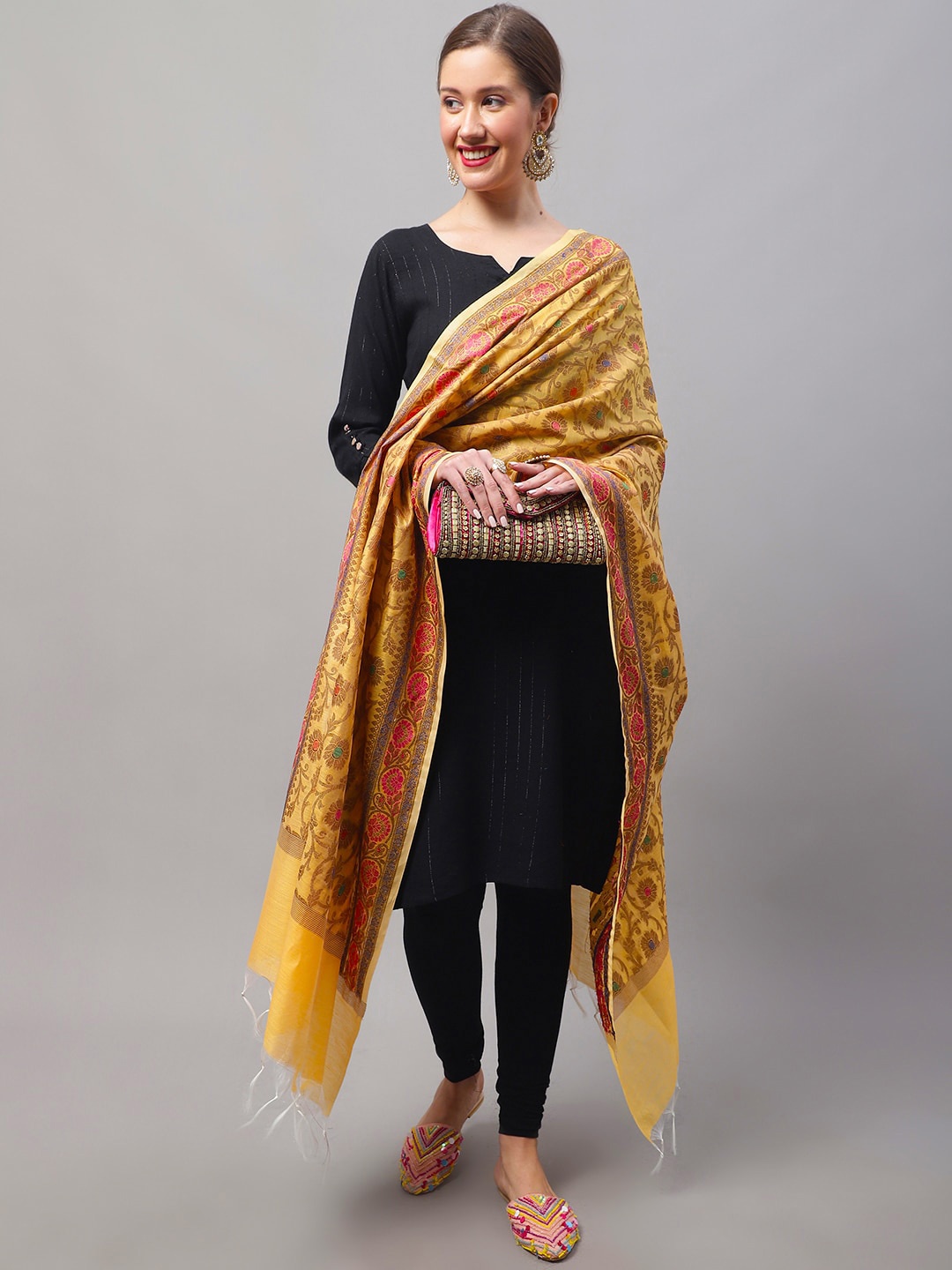 

LOOM LEGACY Woven Design Zari Work Cotton Silk Dupatta, Yellow