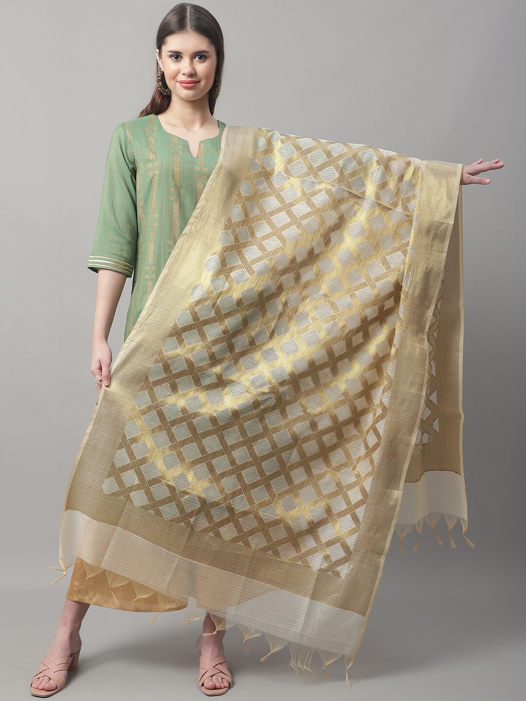 

LOOM LEGACY Checked Woven Design Cotton Silk Dupatta, Gold