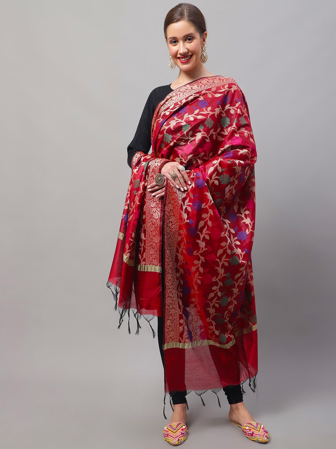 

LOOM LEGACY Floral Woven Design Cotton Silk Dupatta, Red