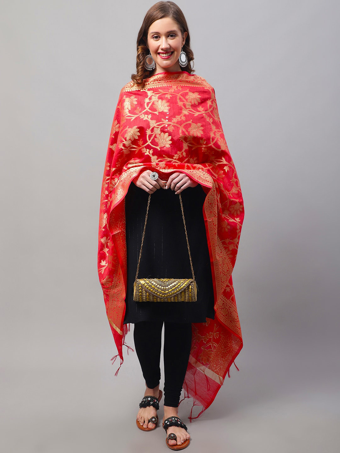 

LOOM LEGACY Floral Woven Design Cotton Silk Dupatta, Red