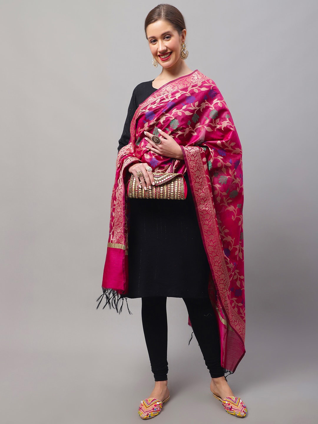 

LOOM LEGACY Floral Woven Design Cotton Silk Dupatta, Magenta