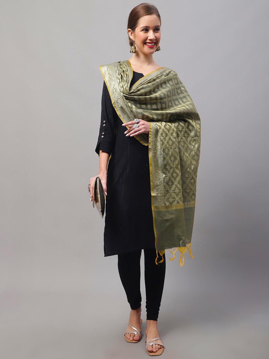 

LOOM LEGACY Ethnic Motifs Woven Design Zari Work Cotton Silk Dupatta, Olive