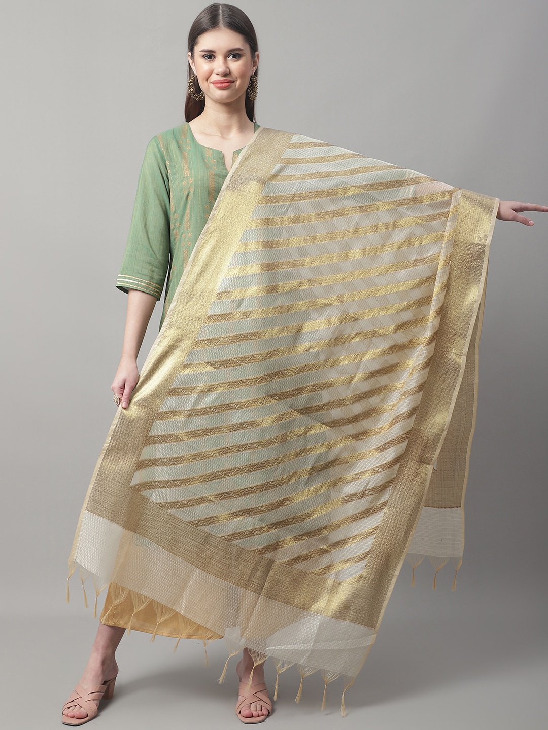 

LOOM LEGACY Woven Design Zari Work Cotton Silk Dupatta With Fringed Border, Off white