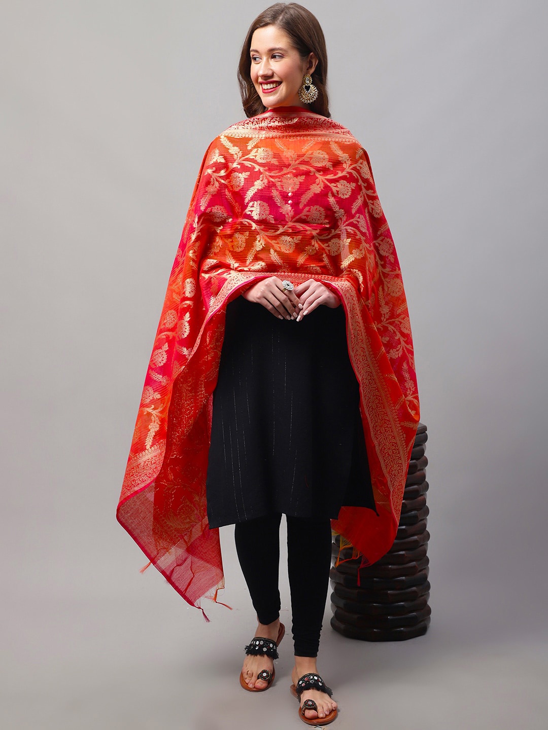 

LOOM LEGACY Woven Design Zari Work Cotton Silk Dupatta With Fringed Border, Red